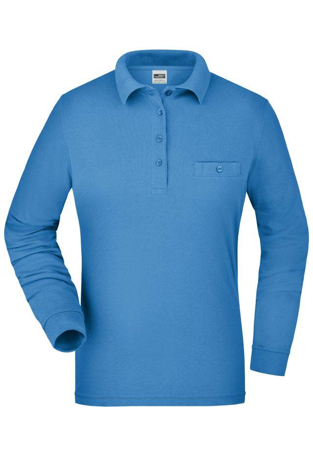Ladies' Workwear Polo Pocket Longsleeve Pflegeleichtes und strapazierfähiges Langarm Polo mit Brusttasche blau, Gr. L
