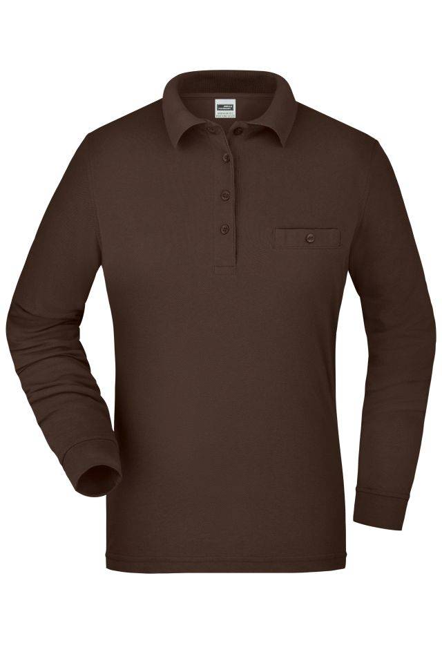 Ladies' Workwear Polo Pocket Longsleeve Pflegeleichtes und strapazierfähiges Langarm Polo mit Brusttasche braun, Gr. XL