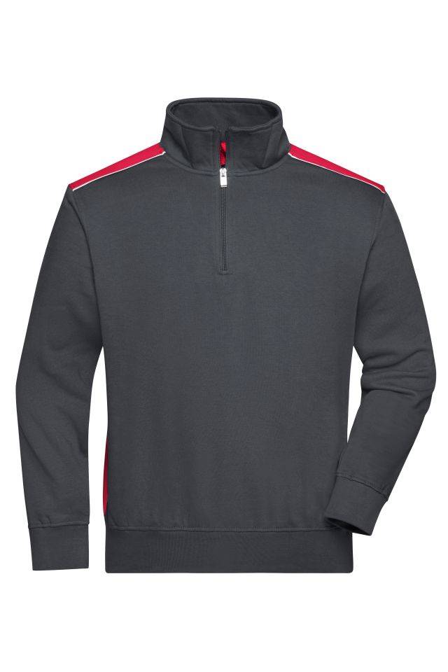 Workwear Half-Zip Sweat - COLOR - Sweatshirt mit Stehkragen, Reißverschluss und Kontrasteinsätzen rot/grau, Gr. L