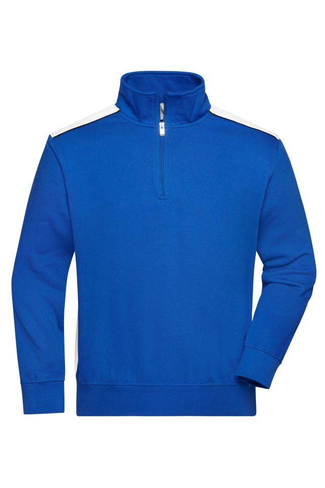 Workwear Half-Zip Sweat - COLOR - Sweatshirt mit Stehkragen, Reißverschluss und Kontrasteinsätzen weiß/blau, Gr. XS