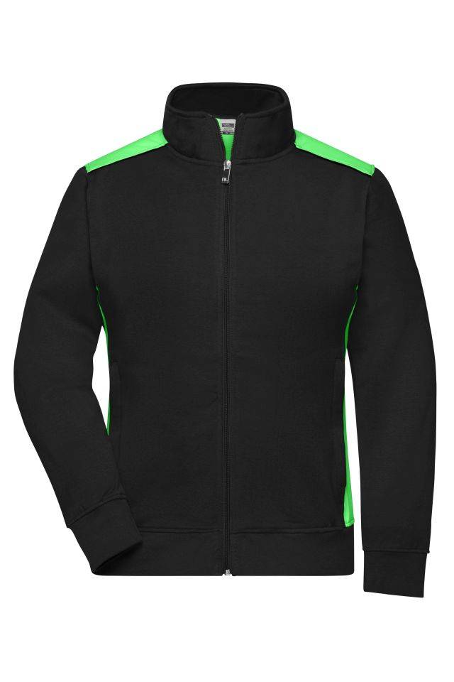 Ladies' Workwear Sweat Jacket - COLOR - Sweat-Jacke mit Stehkragen und Kontrasteinsätzen schwarz/grün, Gr. S