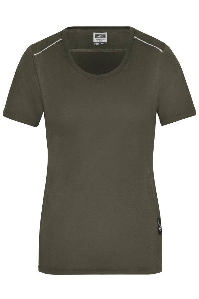 Ladies' Workwear T-Shirt - SOLID - Strapazierfähiges und pflegeleichtes T-shirt mit Kontrastpaspel braun/grün/oliv, Gr.