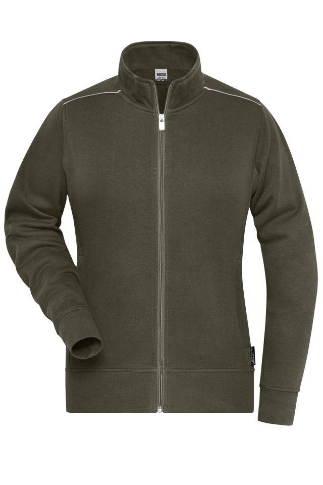 Ladies' Workwear Sweat-Jacket - SOLID - Sweat-Jacke mit Stehkragen und Kontrastpaspel braun/grün/oliv, Gr. S