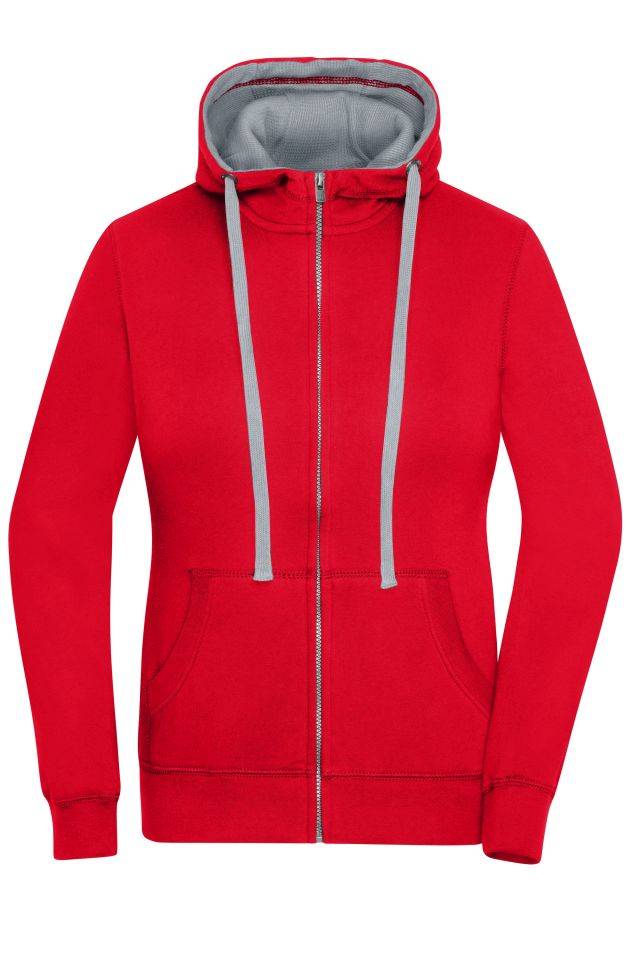Ladies' Lifestyle Zip-Hoody Sweat-Jacke mit Reißverschluss und Kapuze rot/grau, Gr. S