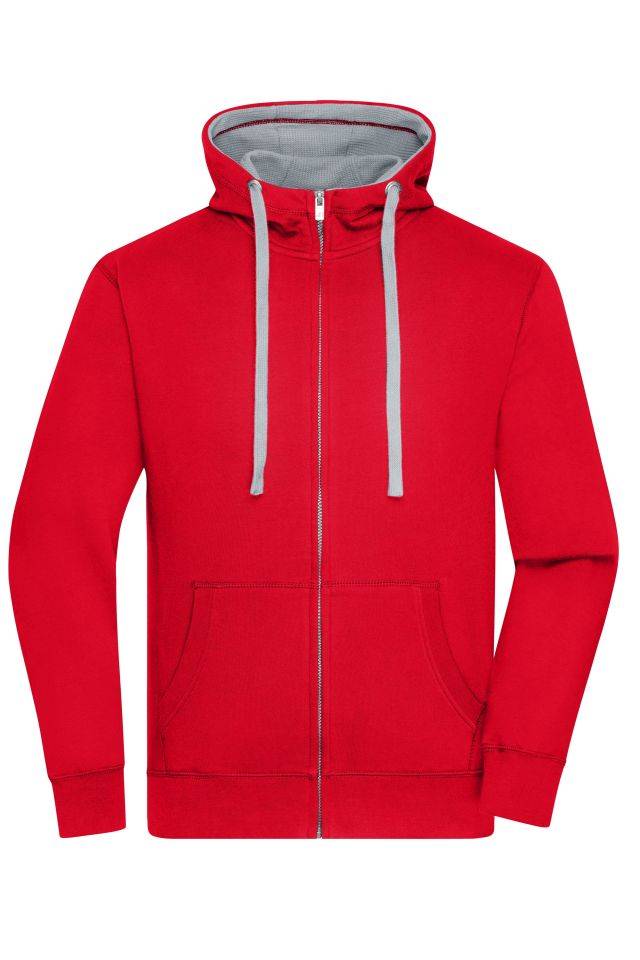 Men's Lifestyle Zip-Hoody Sweat-Jacke mit Reißverschluss und Kapuze rot/grau, Gr. L