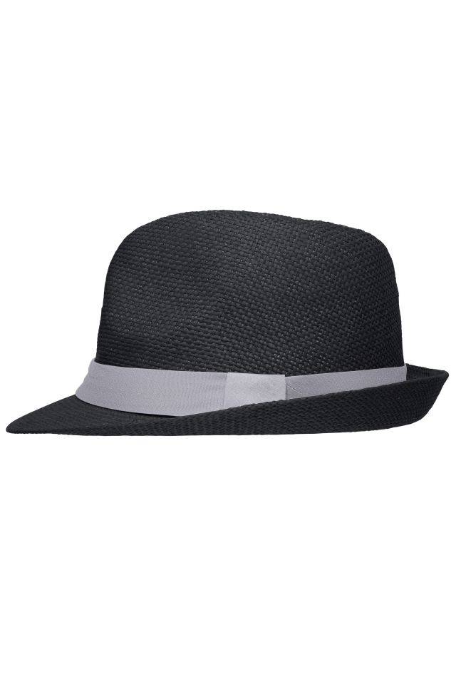 Street Style Stylisher, sommerlicher Streetwear Hut mit breitem kontrastfarbigem Band schwarz/grau, Gr. S/M