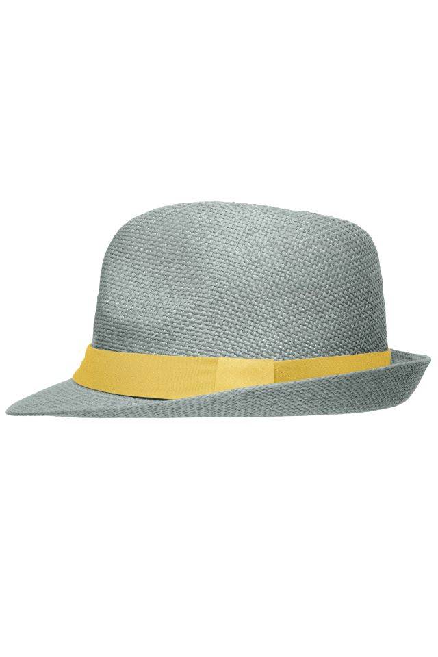 Street Style Stylisher, sommerlicher Streetwear Hut mit breitem kontrastfarbigem Band grau/gelb, Gr. L/XL