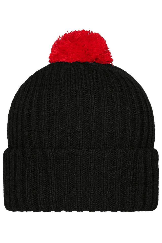 Knitted Cap with Pompon Trendige Pomponmütze in vielen Farben schwarz/rot, Gr. one size