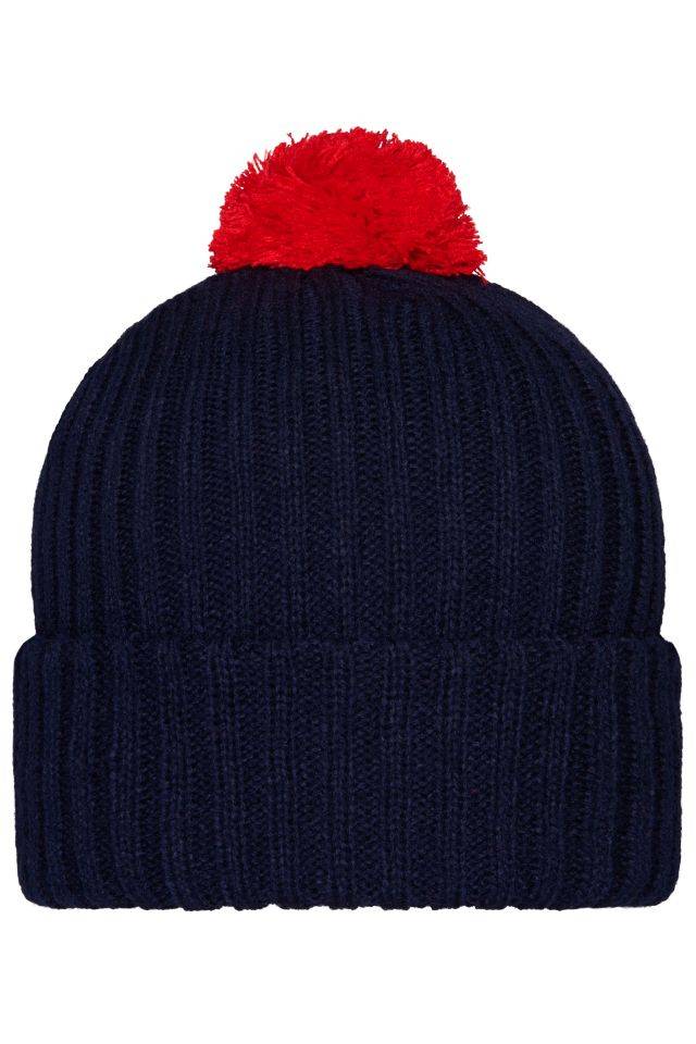 Knitted Cap with Pompon Trendige Pomponmütze in vielen Farben rot/blau, Gr. one size