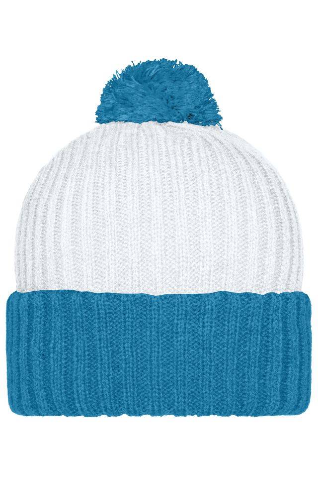 Knitted Cap with Pompon Trendige Pomponmütze in vielen Farben weiß/blau, Gr. one size