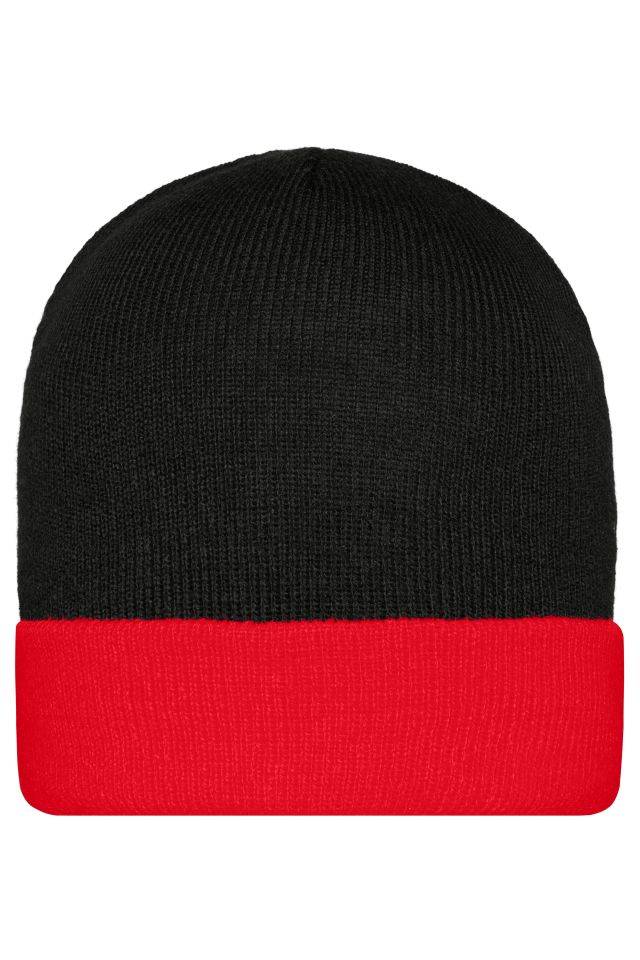 Knitted Cap Klassische Strickmütze mit Umschlag schwarz/rot, Gr. one size