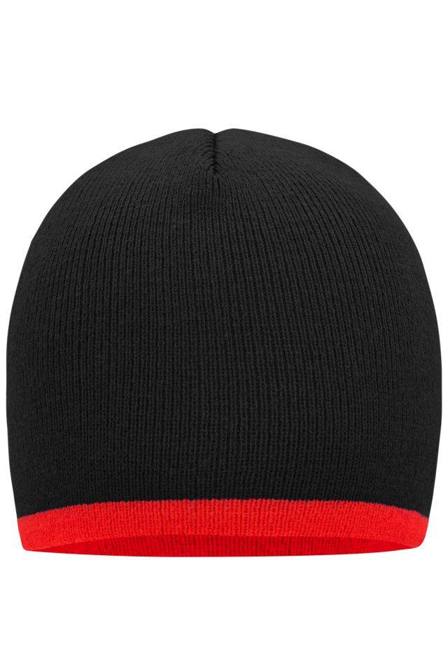 Beanie with Contrasting Border Enganliegende Strickmütze ohne Umschlag schwarz/rot, Gr. one size