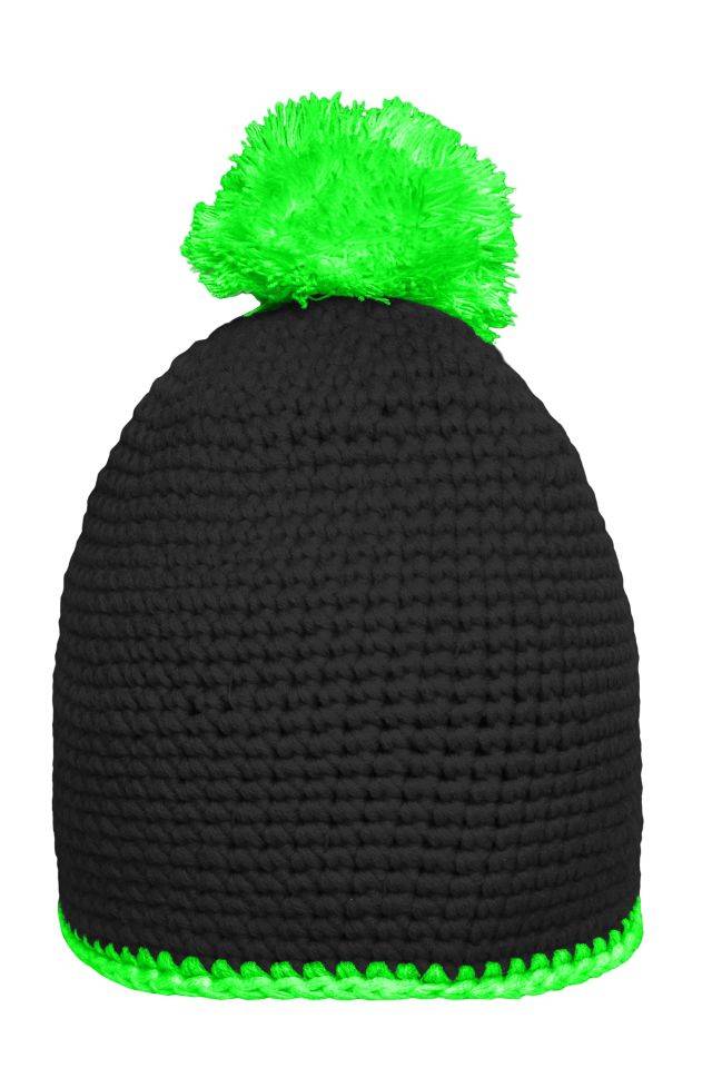 Pompon Hat with Contrast Stripe Häkelmütze mit Kontrastrand und Pompon schwarz/grün/neon, Gr. one size