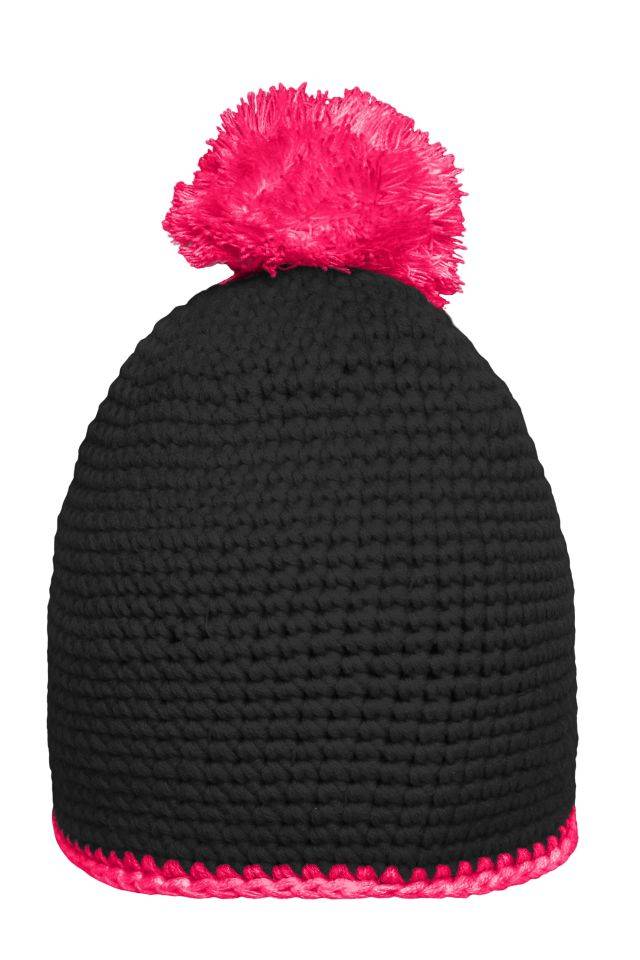 Pompon Hat with Contrast Stripe Häkelmütze mit Kontrastrand und Pompon schwarz/pink, Gr. one size