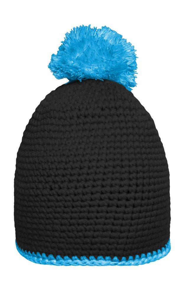 Pompon Hat with Contrast Stripe Häkelmütze mit Kontrastrand und Pompon schwarz/grün/blau, Gr. one size