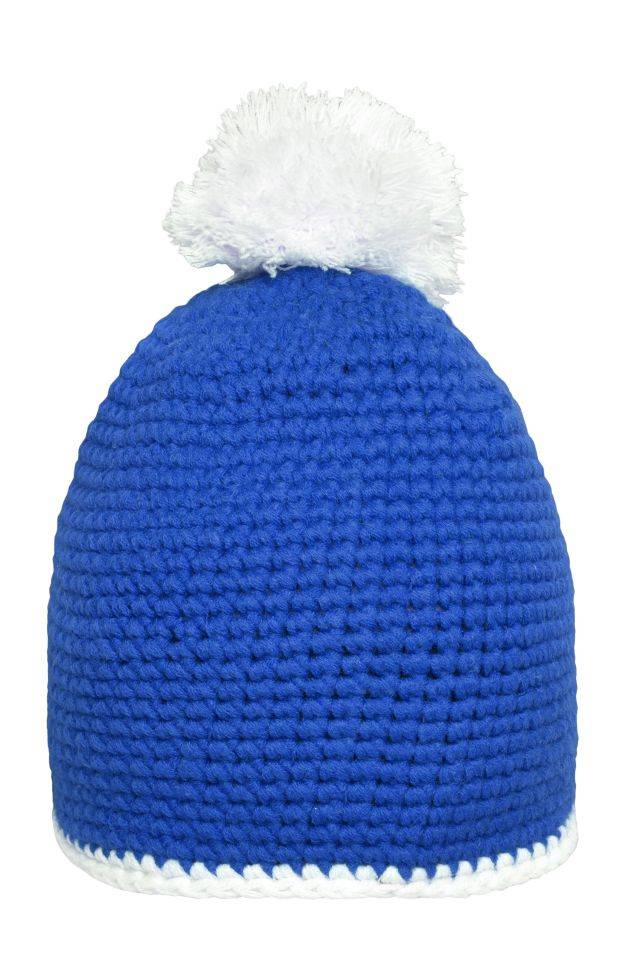 Pompon Hat with Contrast Stripe Häkelmütze mit Kontrastrand und Pompon weiß/blau, Gr. one size