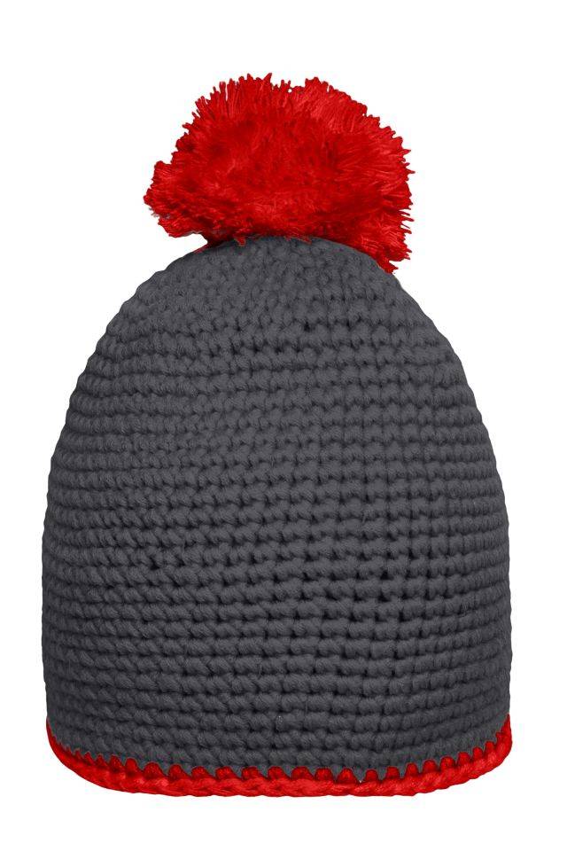 Pompon Hat with Contrast Stripe Häkelmütze mit Kontrastrand und Pompon rot/grau, Gr. one size