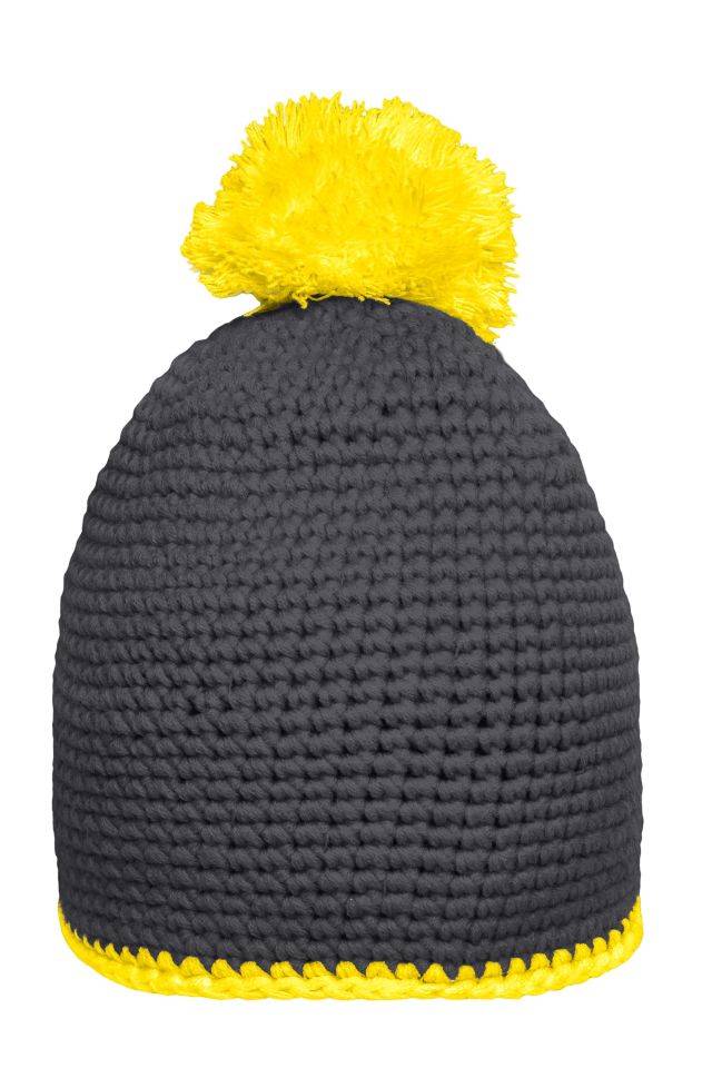 Pompon Hat with Contrast Stripe Häkelmütze mit Kontrastrand und Pompon grau/gelb, Gr. one size