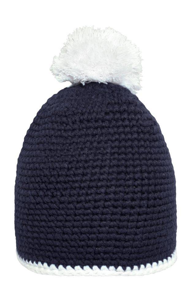 Pompon Hat with Contrast Stripe Häkelmütze mit Kontrastrand und Pompon weiß/blau, Gr. one size