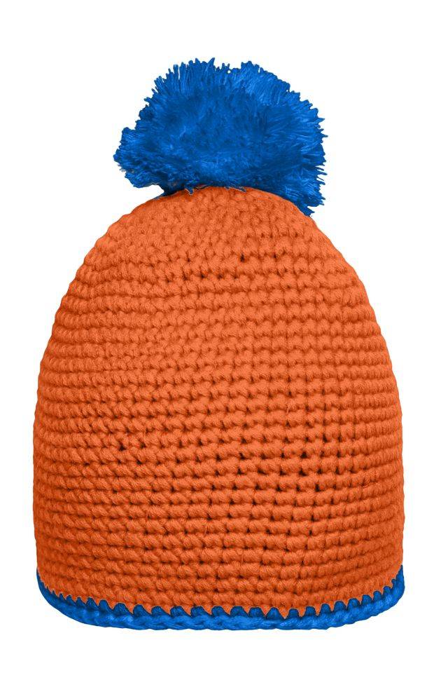 Pompon Hat with Contrast Stripe Häkelmütze mit Kontrastrand und Pompon blau/orange, Gr. one size