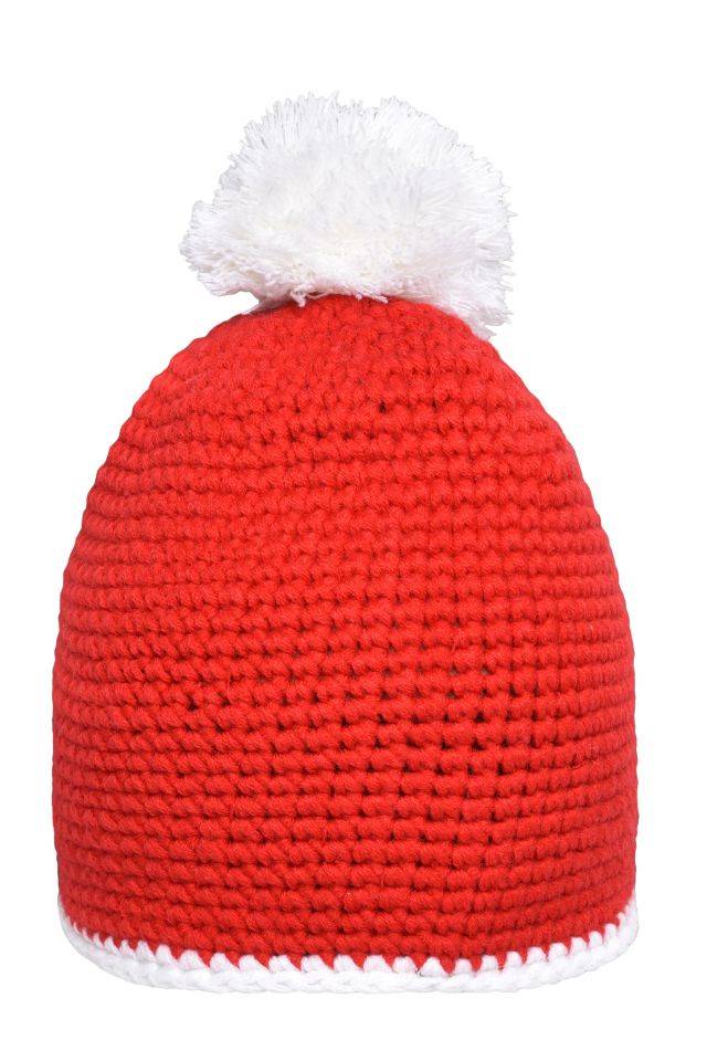 Pompon Hat with Contrast Stripe Häkelmütze mit Kontrastrand und Pompon weiß/rot, Gr. one size