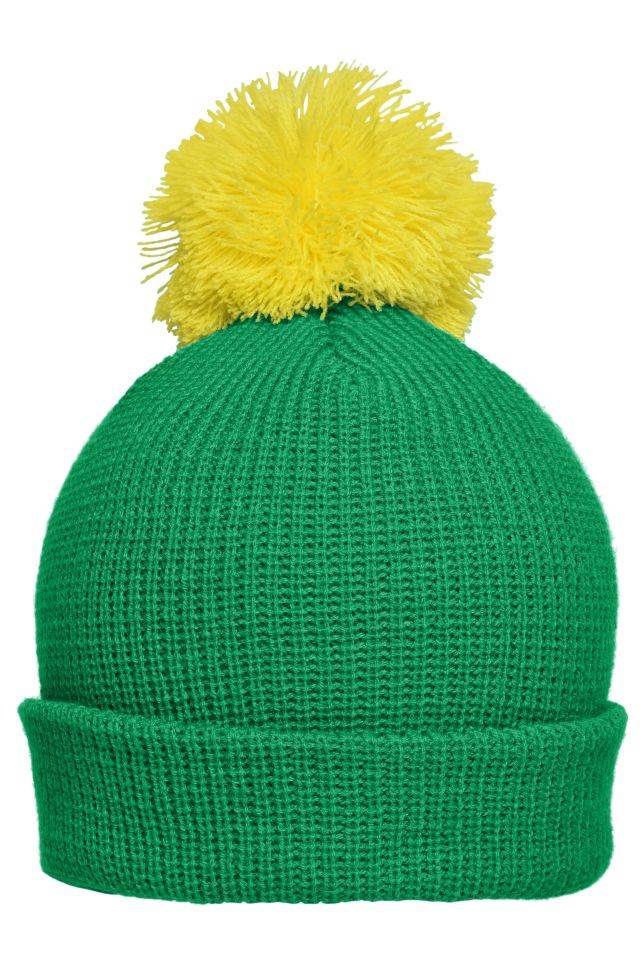 Pompon Hat with Brim Strickmütze mit Umschlag und Pompon grün/gelb, Gr. one size