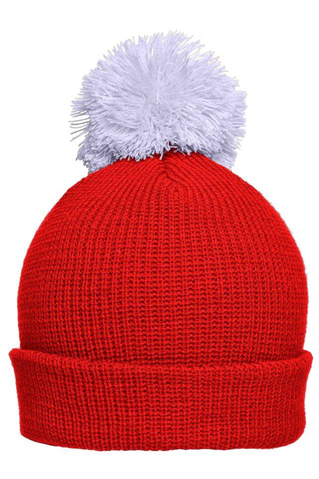 Pompon Hat with Brim Strickmütze mit Umschlag und Pompon rot/grau, Gr. one size