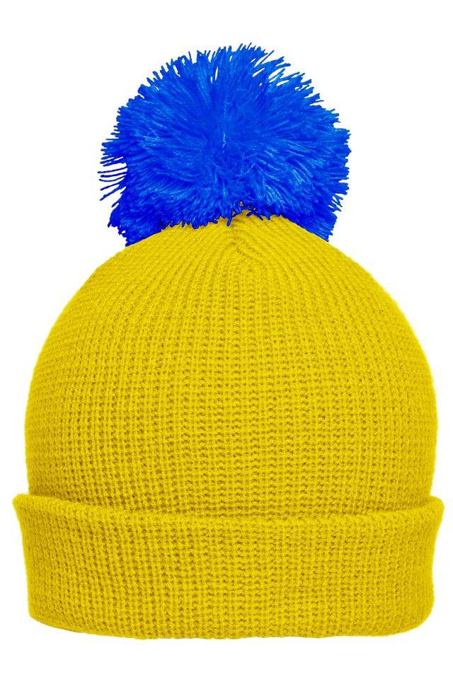 Pompon Hat with Brim Strickmütze mit Umschlag und Pompon blau/gelb, Gr. one size