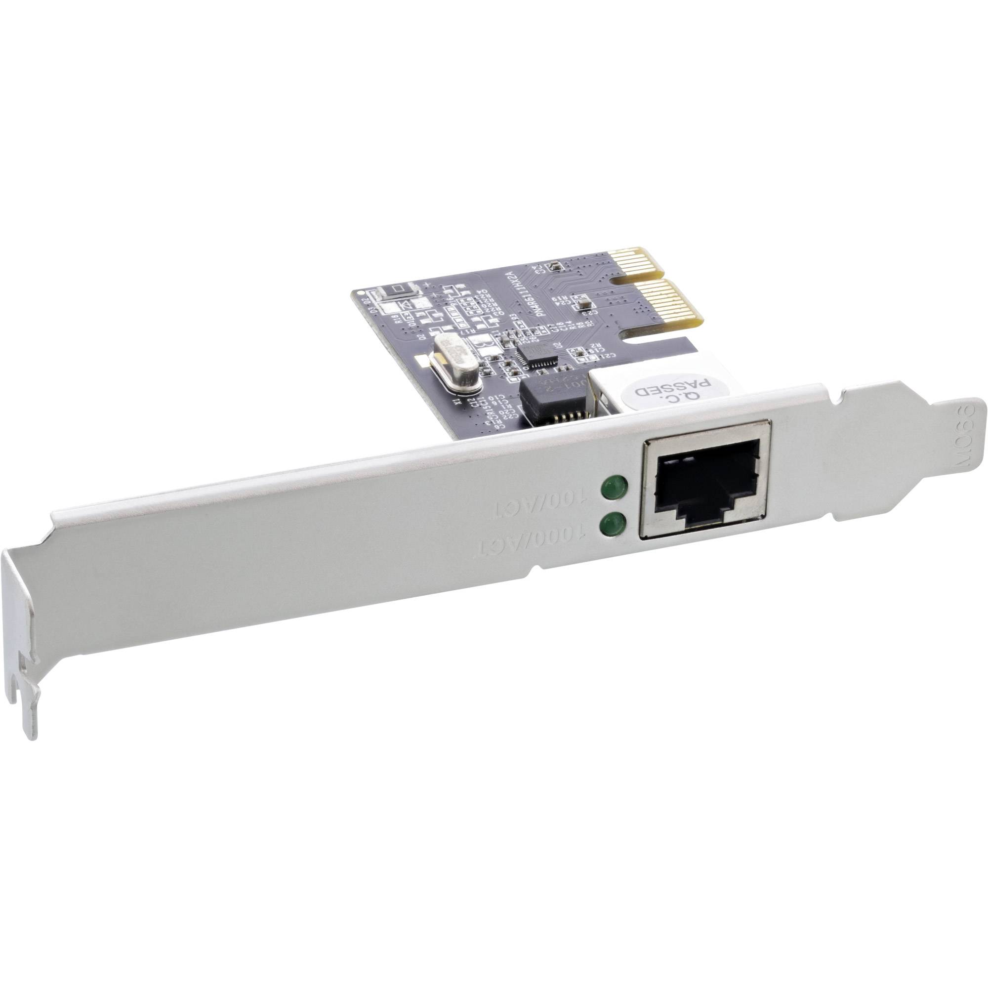 Ethernet-Netzwerkadapterkarte mit einem einzelnen RJ-45-Anschluss und Statusanzeige-LEDs auf einer Metallexpansionshalterung.