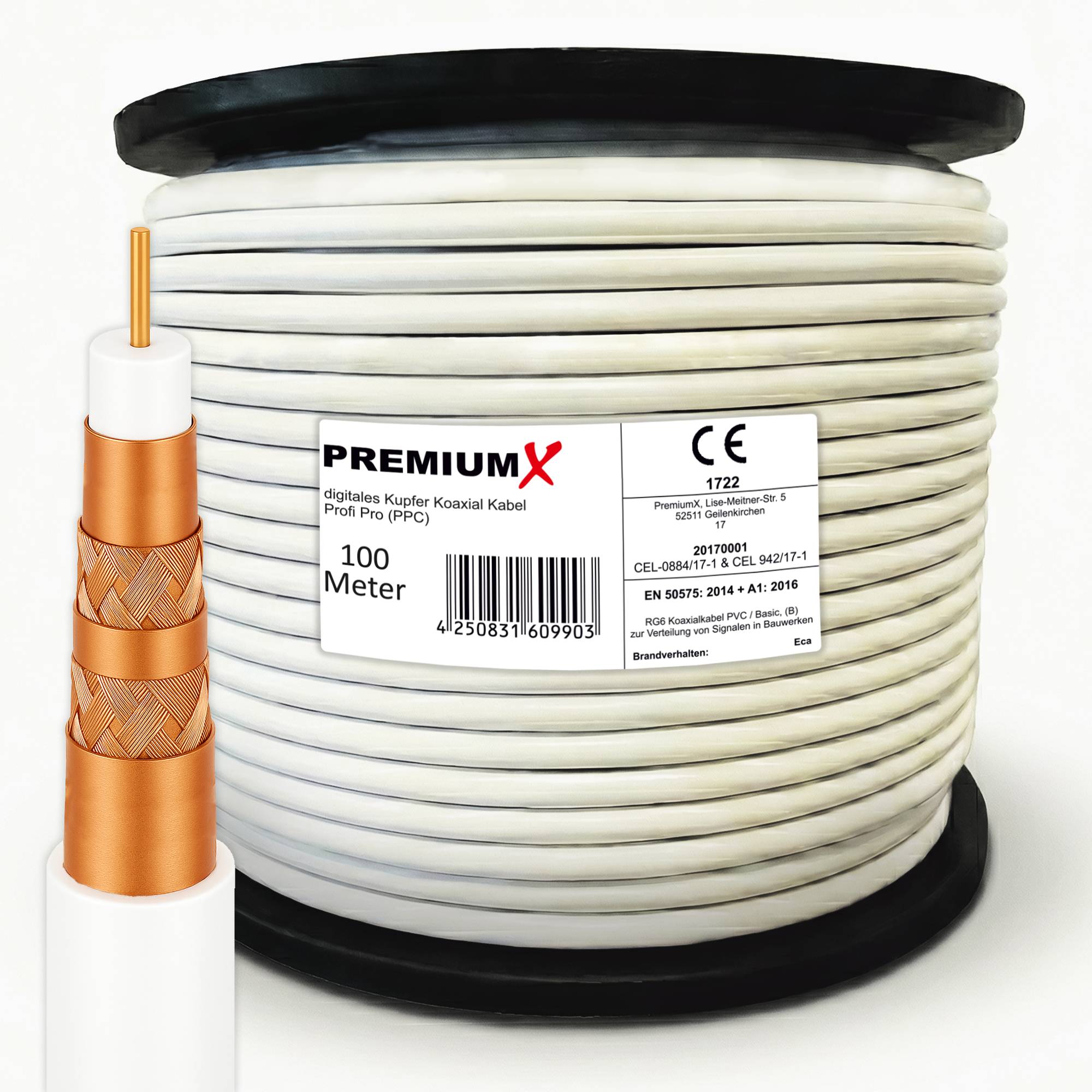 Eine Spule weißes Koaxialkabel mit der Bezeichnung 'PremiumX', ausgestattet mit digitalem Kupfer, 100 Meter lang, mit technischen Details und Spezifikationen auf der Seite.
