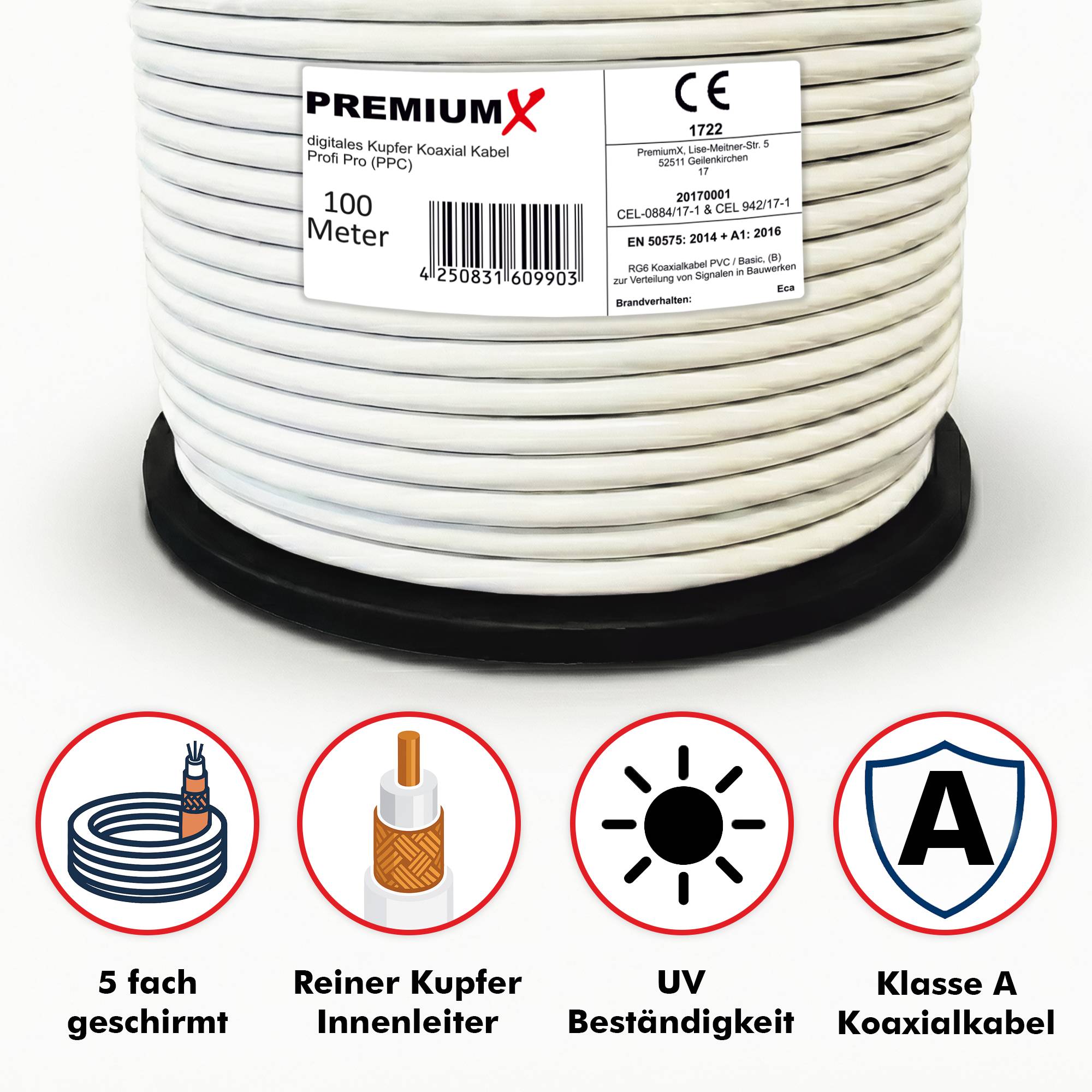 Weiß gewickeltes Kabel mit Aufschrift 'PremiumX', 100 Meter, mit Symbolen für folgende Eigenschaften: 5-fache Abschirmung, Innenkupfer, UV-Beständigkeit, Koaxialkabel.