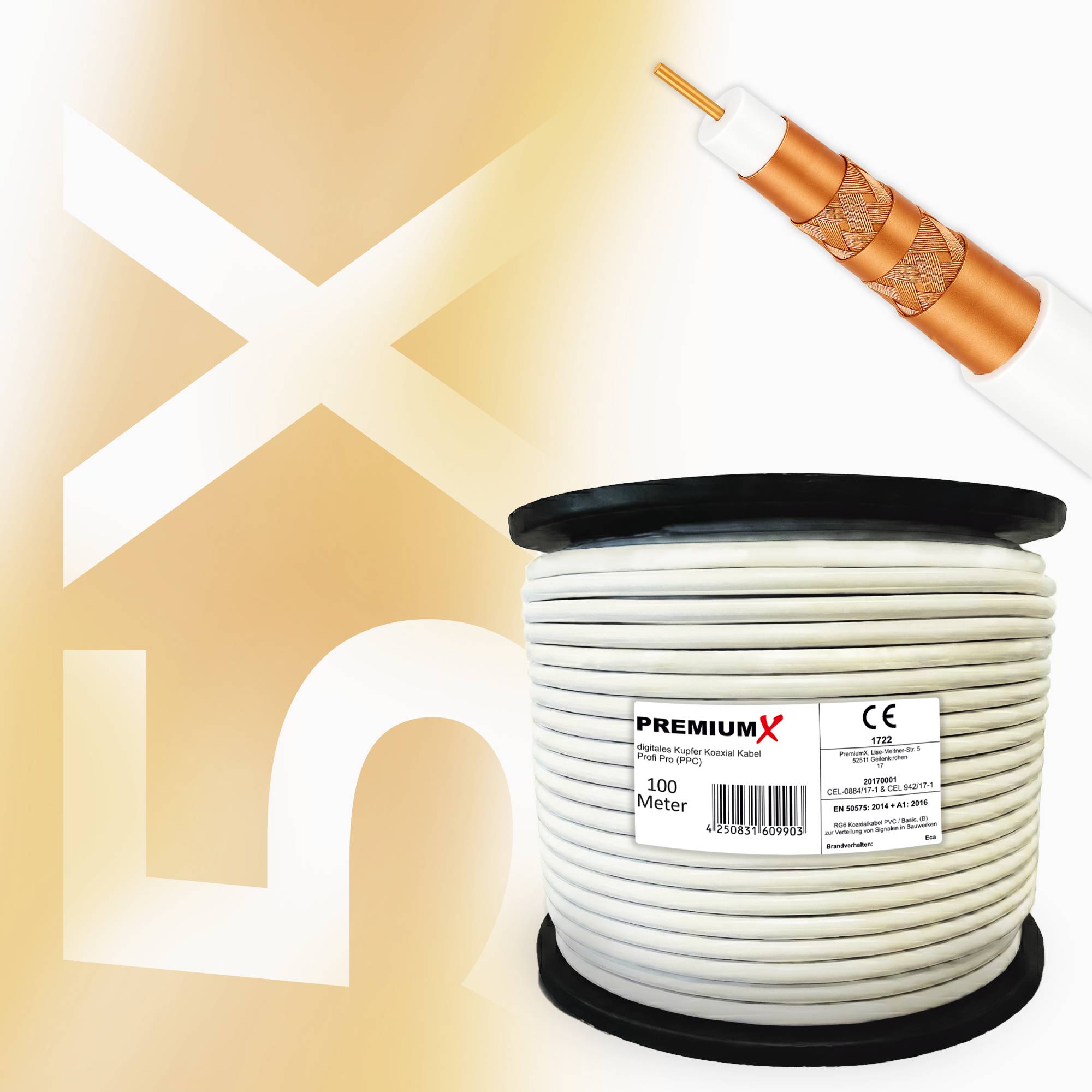 Ein aufgewickeltes 100-Meter-Kabel mit der Beschriftung 