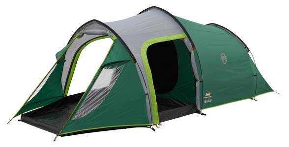 Grünes und graues Kuppel-Campingzelt mit offener Fronteingang und Markise, dargestellt auf weißem Hintergrund.