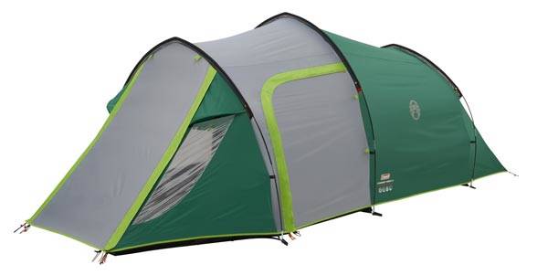 Grünes und graues kuppelförmiges Campingzelt mit Vordereingang und Seitenfenstern, isoliert auf weißem Hintergrund dargestellt.