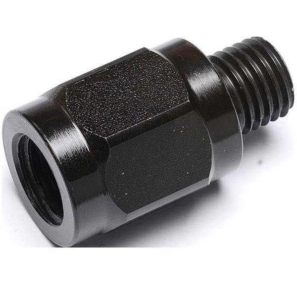 Schwarzer Metalladapter mit sechseckigem Mittelteil und gewindeten Enden, der zum Verbinden von Schläuchen oder Rohren in mechanischen Systemen verwendet wird.