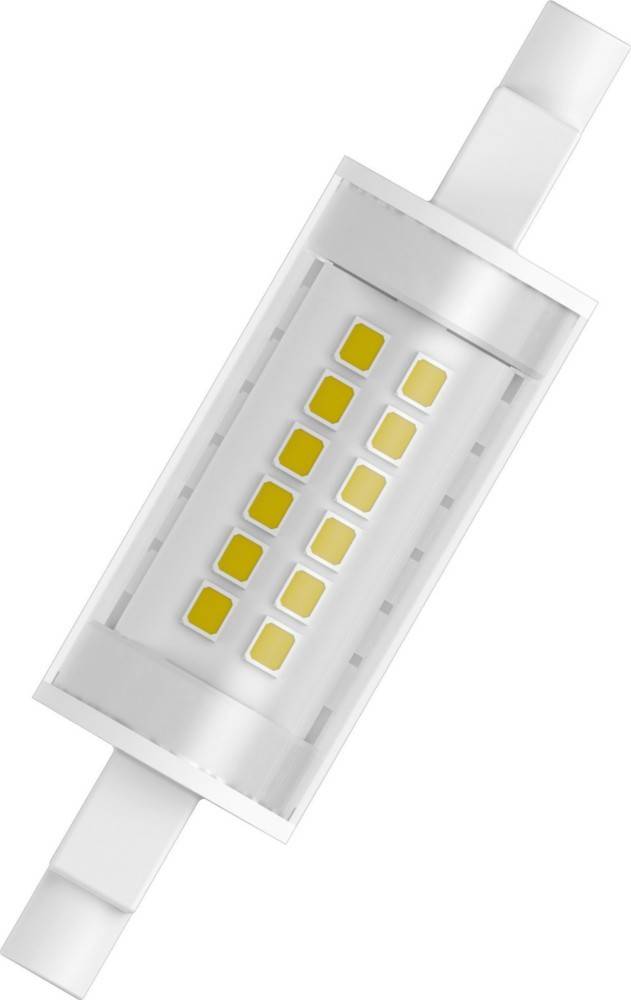 Eine LED-Röhrenleuchte mit einer Reihe von gelben Diodenvierecken im Inneren, konzipiert für energieeffiziente Beleuchtung.