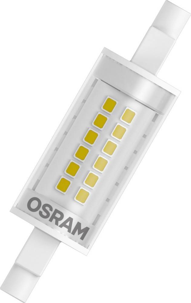 Eine detaillierte Ansicht einer OSRAM-LED-Glühbirne mit mehreren gelben LED-Chips in einer transparenten Gehäuse.