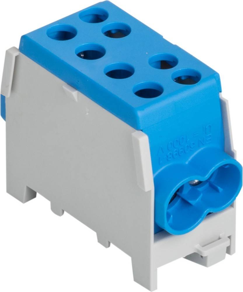 Ein blauer und grauer Klemmenblock mit sechs Anschlussports, der für Verdrahtungsassemblys und Schaltkreise verwendet wird.