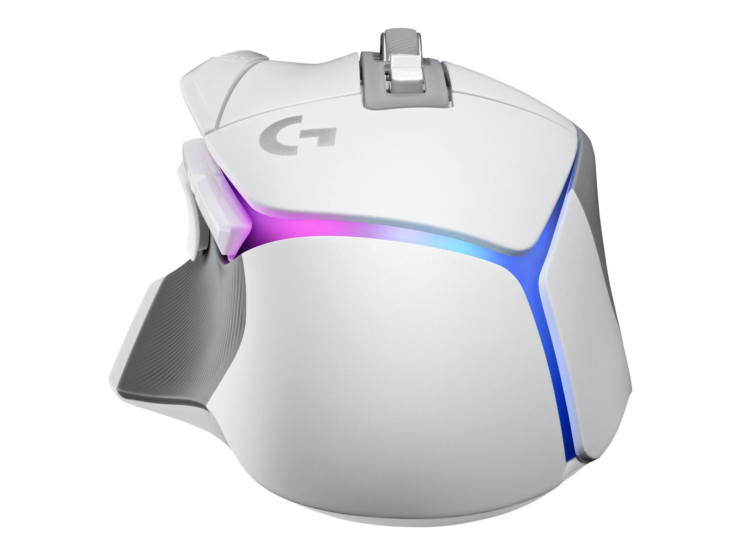 Weiße Logitech G Gaming-Maus mit RGB-Leuchtstreifen, der in Lila, Blau und Rosa leuchtet.