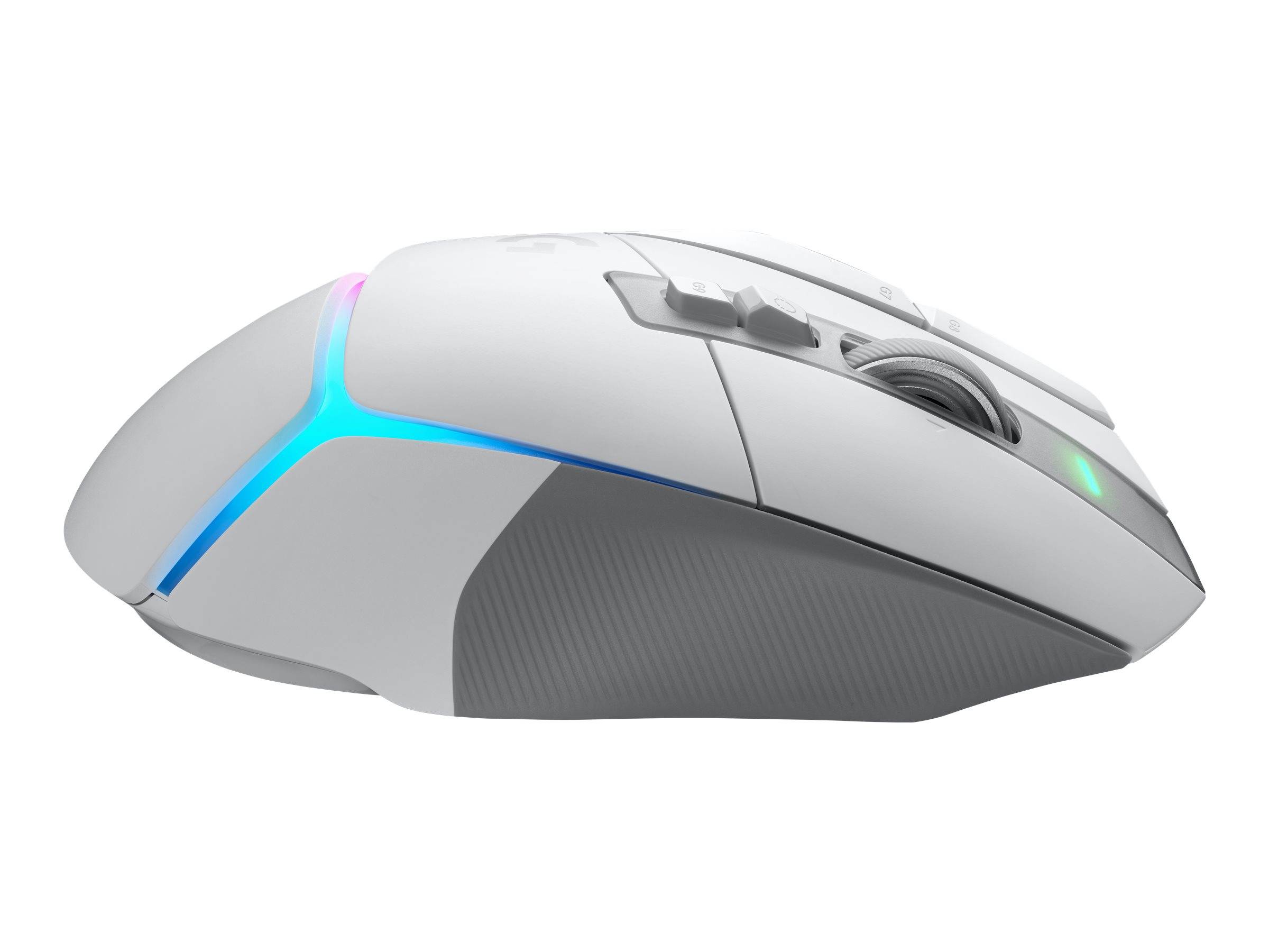 Weiße Gaming-Maus mit leuchtenden blauen und rosa Akzentlichtern, Seitentasten, Scrollrad, auf neutralem Hintergrund
