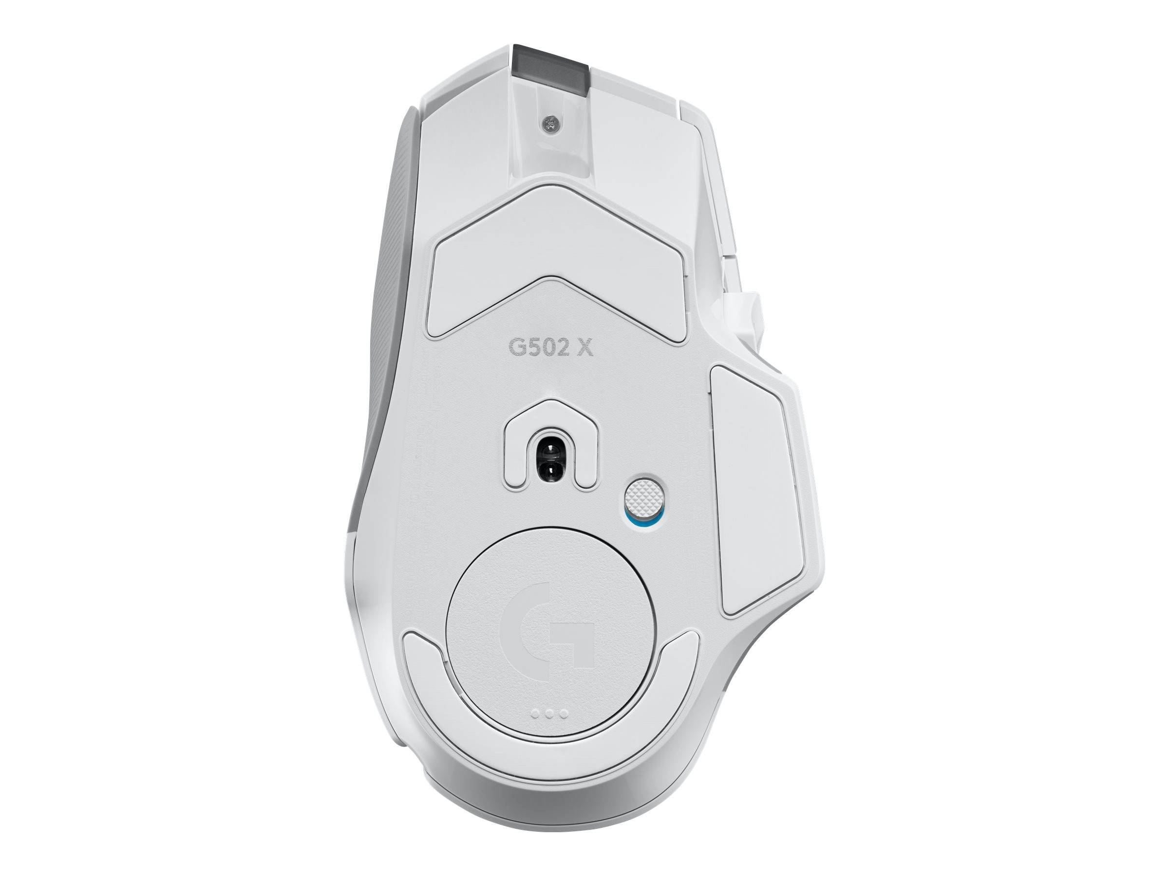 Weiße kabelgebundene Gaming-Maus Logitech G502 X von oben auf einem schlichten Hintergrund.