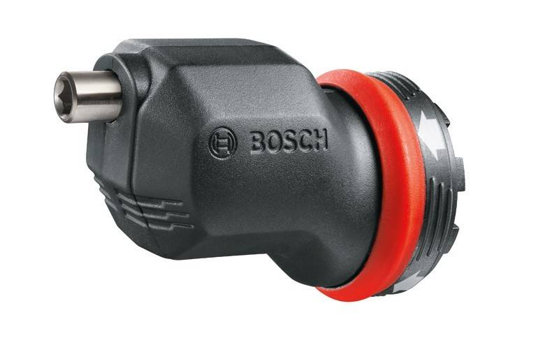 Ein schwarzer Bosch-Schlagschrauber-Aufsatz mit einem roten Ring, entwickelt für Bohr- oder Schraubaufgaben.