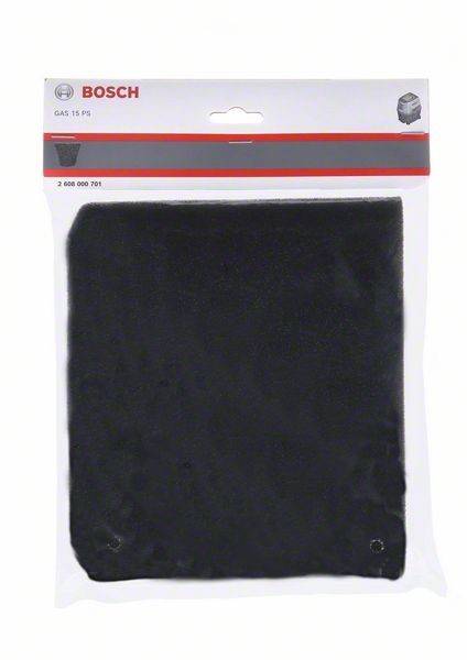 Ein Paket mit einem schwarzen Filter für Bosch Staubsaugermodelle GAS 15 PS. Das Paket ist mit Produktinformationen beschriftet.