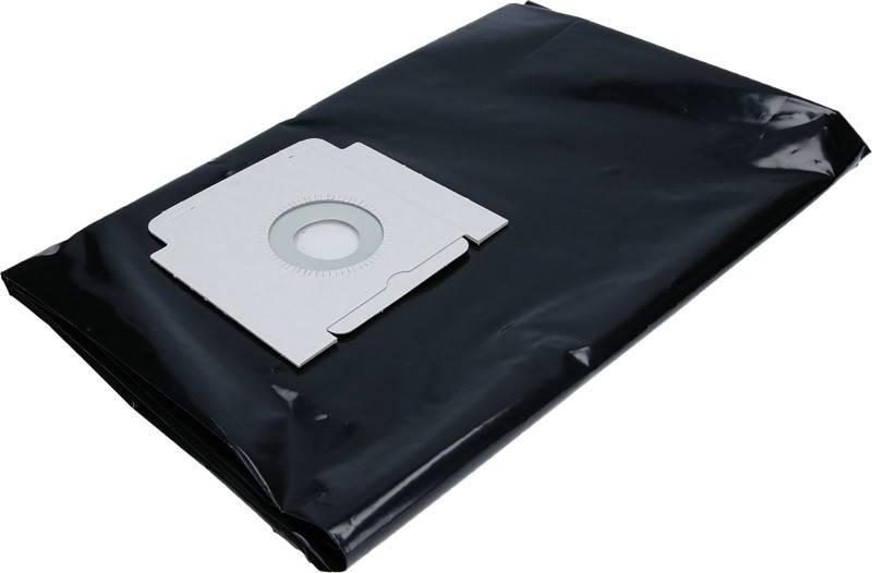 Ein schwarzer Staubsaugerbeutel mit einem kreisförmigen Pappkragen liegt auf einer flachen Oberfläche, höchstwahrscheinlich zur Verwendung in der Filtration und Abfallsammlung.