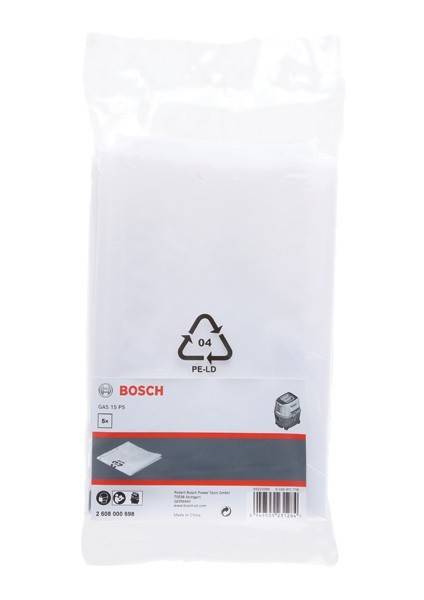 Eine Packung Bosch Staubsaugerbeutel, mit einem Bild des Beutels, Modellnummer 'GAS 15 PS' und dem Recycling-Symbol '04 PE-LD'.
