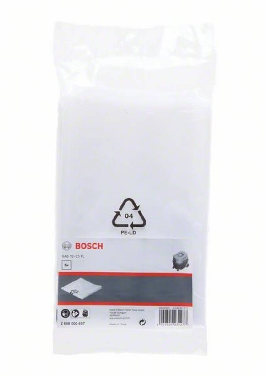 Plastik-Staubsaugerbeutel von Bosch, Modell GAS 12-25 PL, 5er-Pack, recycelbar mit Code 04 PE-LD, abgebildet in transparenter Verpackung.