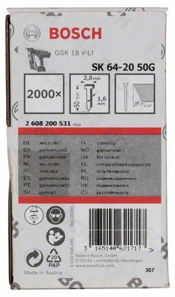 Nagelkarton mit Produktspezifikationen: 2000 Nägel, 2,8 mm x 64 mm, verzinkt, verschiedene Sprachen aufgeführt, einschließlich Englisch, Deutsch und Französisch.