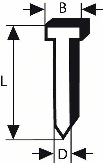 Eine technische Zeichnung zeigt zwei lange, parallele Haken mit einem kleinen dreieckigen Loch nahe der oberen Kante, gekennzeichnet mit einem Pfeil, der die Länge (L) anzeigt.