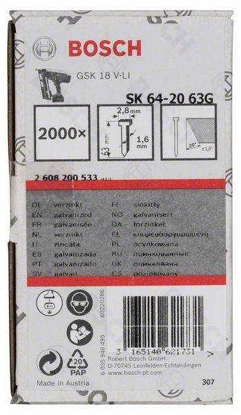 2000x verzinkte Nägel, 2,8 mm Durchmesser, 53 mm Länge, SK 64-20 63G.' Die Schachtel enthält außerdem Sicherheits- und Sprachinformationen.