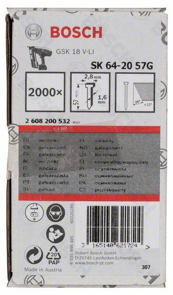 Eine Nagelbox mit der Aufschrift '2000x SK 64-20 57G', die Nageldimensionen von 57x2,8 mm zeigt und Details in mehreren Sprachen trägt, einschließlich einer verzinkten Oberfläche.